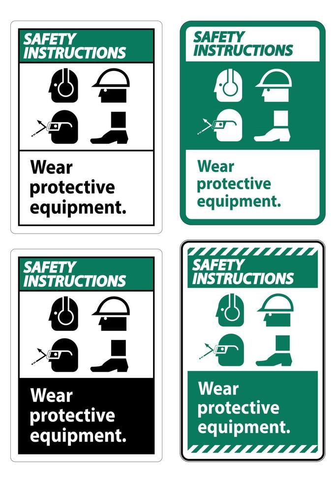 sinal de instruções de segurança para usar equipamentos de proteção, com símbolos de ppe em fundo branco, ilustração vetorial vetor