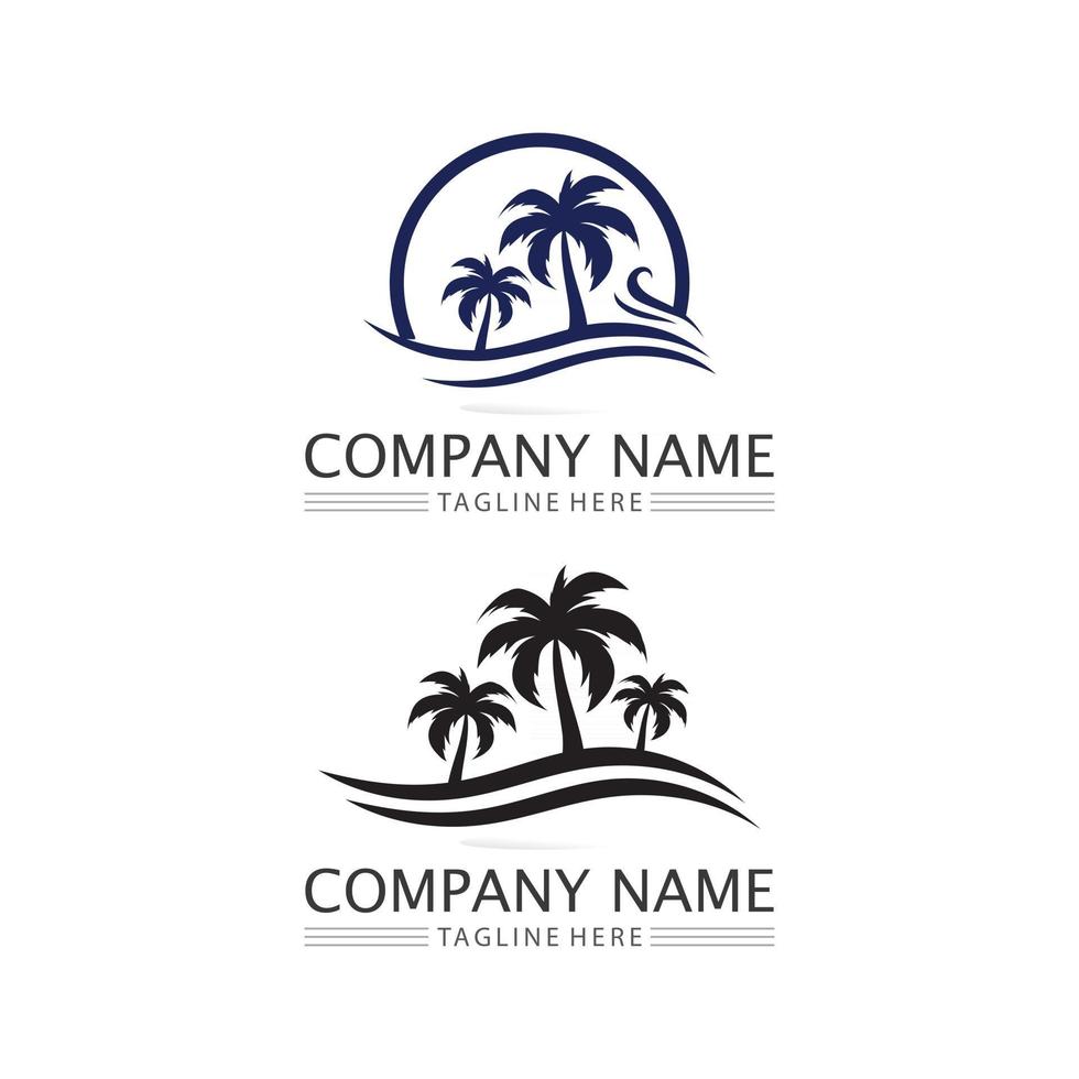 modelo de logotipo de verão de palmeira design de logotipo e onda de praia e oceano vetor