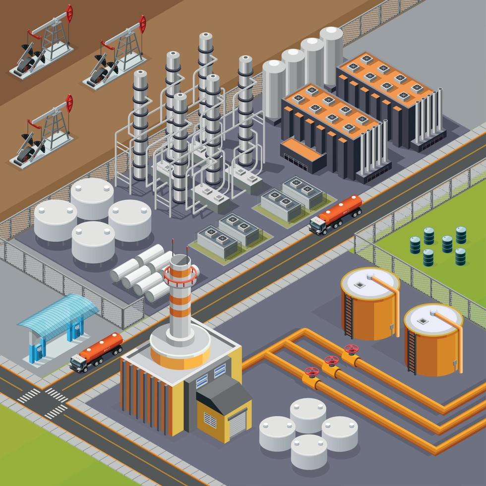 ilustração em vetor composição isométrica da indústria do petróleo