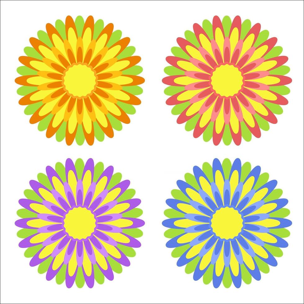 conjunto de flores abstratas planas isoladas coloridas de amarelas, vermelhas, roxas, azuis com folhas verdes em um fundo branco. design simples para decoração vetor