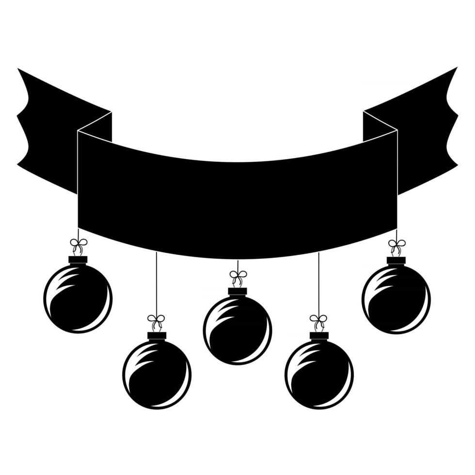 banner de fita liso preto isolado com brinquedos para árvore de Natal anexados a ele. sobre um fundo azul. vetor