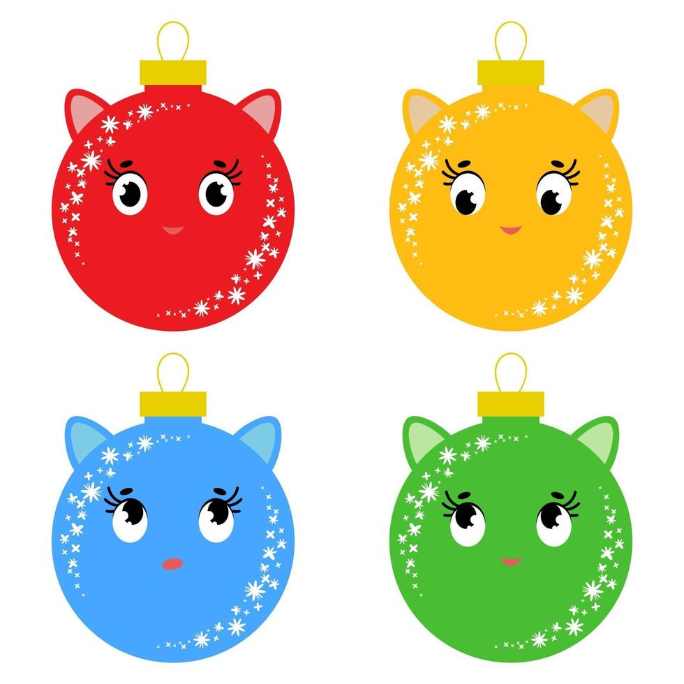 conjunto de bolas de Natal isoladas coloridas planas em forma de bolas. gatos de desenhos animados. design simples em um fundo branco vetor