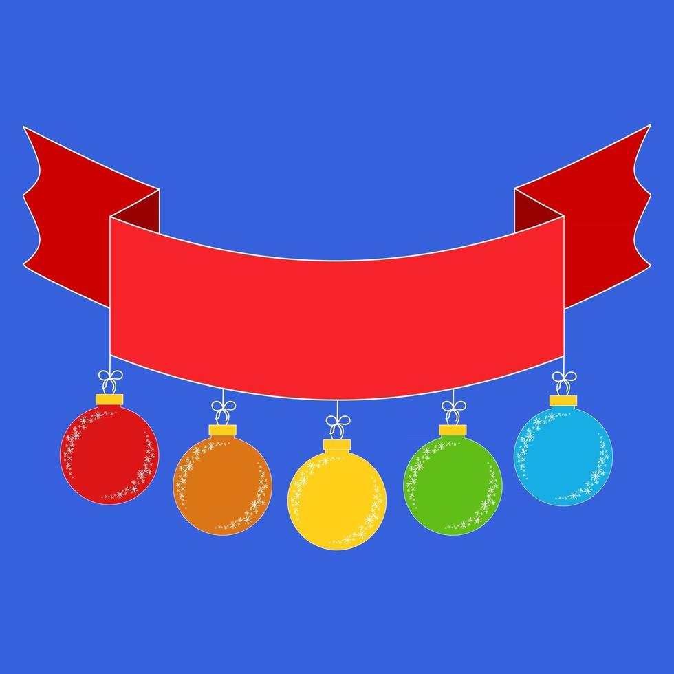 banner colorido liso isolado de fita com brinquedos para árvore de Natal anexados a ele. sobre um fundo azul. vetor