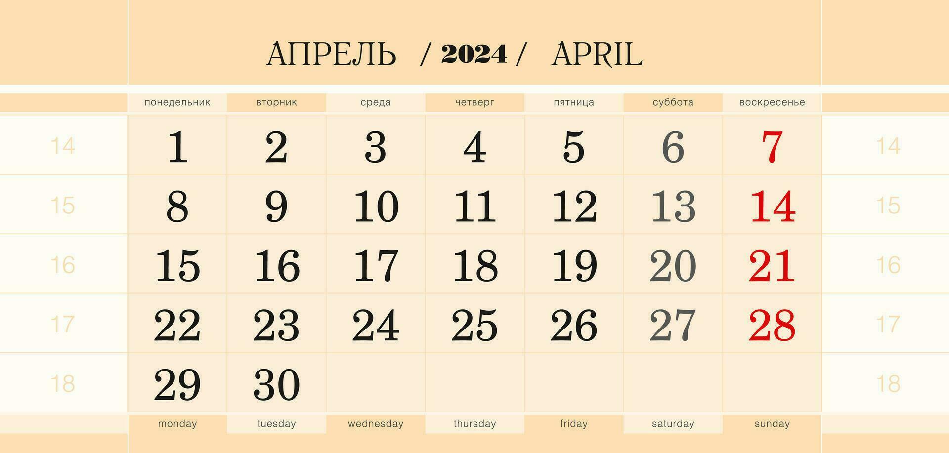calendário trimestral quadra para 2024 ano, abril 2024. semana começa a partir de segunda-feira. vetor