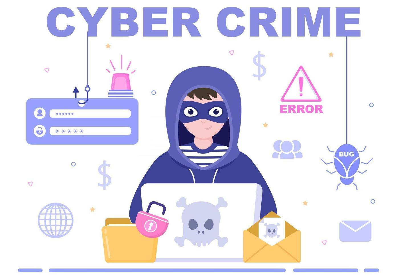 ilustração do crime cibernético phishing que rouba dados digitais, sistema do dispositivo, senha e documentos bancários do computador vetor