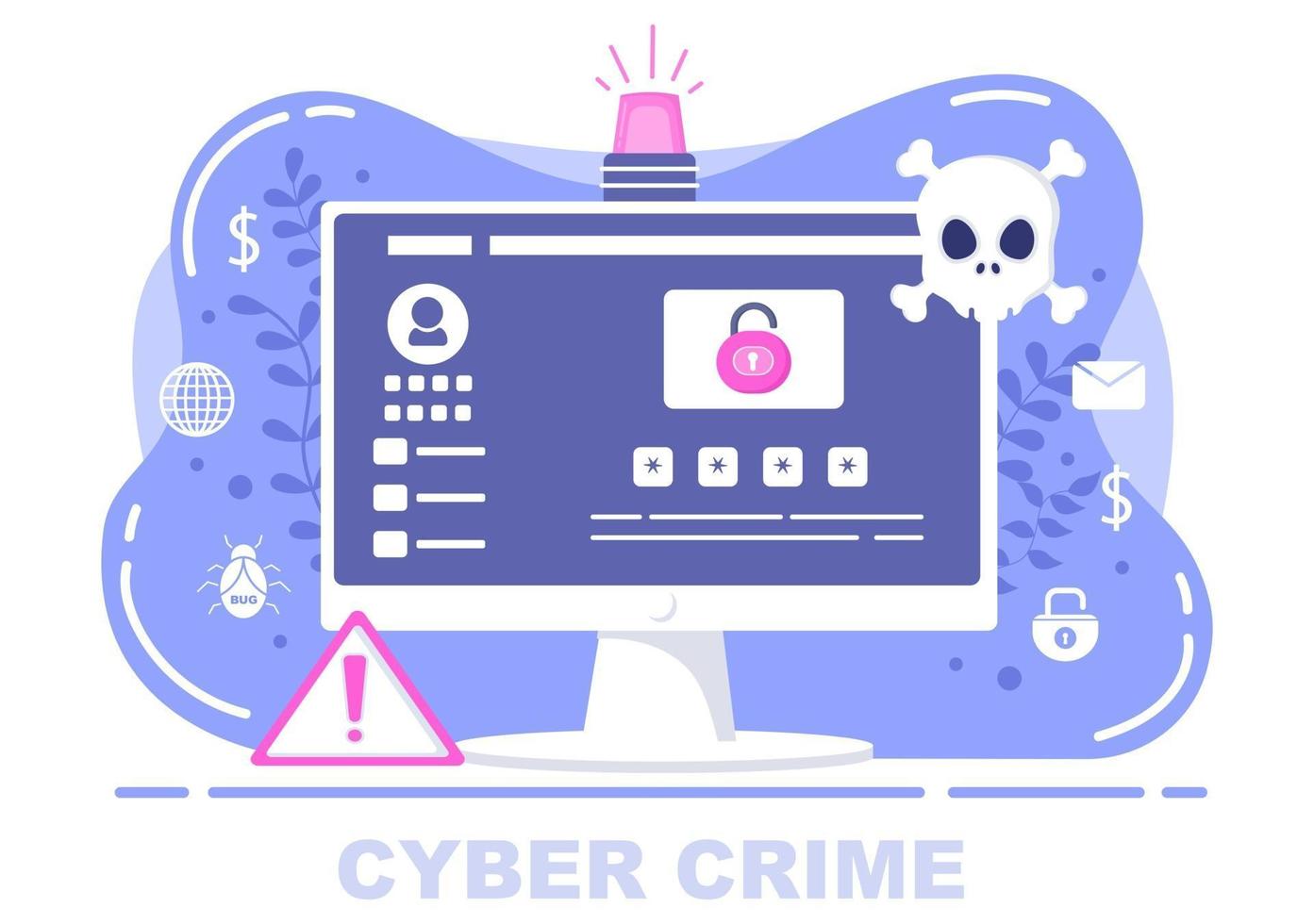 ilustração do crime cibernético phishing que rouba dados digitais, sistema do dispositivo, senha e documentos bancários do computador vetor