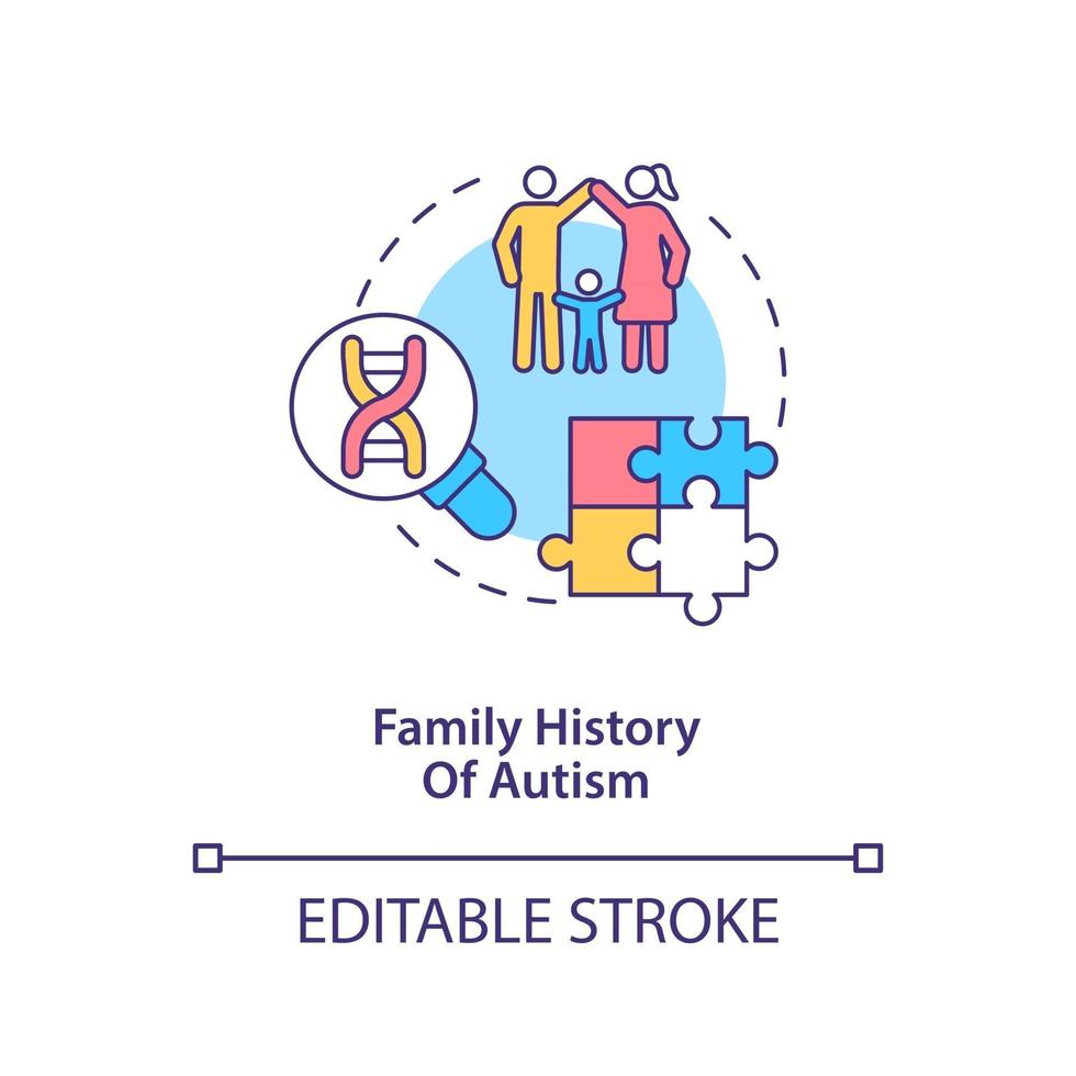 ícone do conceito de história do autismo familiar. ilustração de linha fina de ideia abstrata de fator de risco de autismo. Herança de mutações de DNA. afetam o desenvolvimento do cérebro. desenho de cor de contorno isolado vetor. curso editável vetor