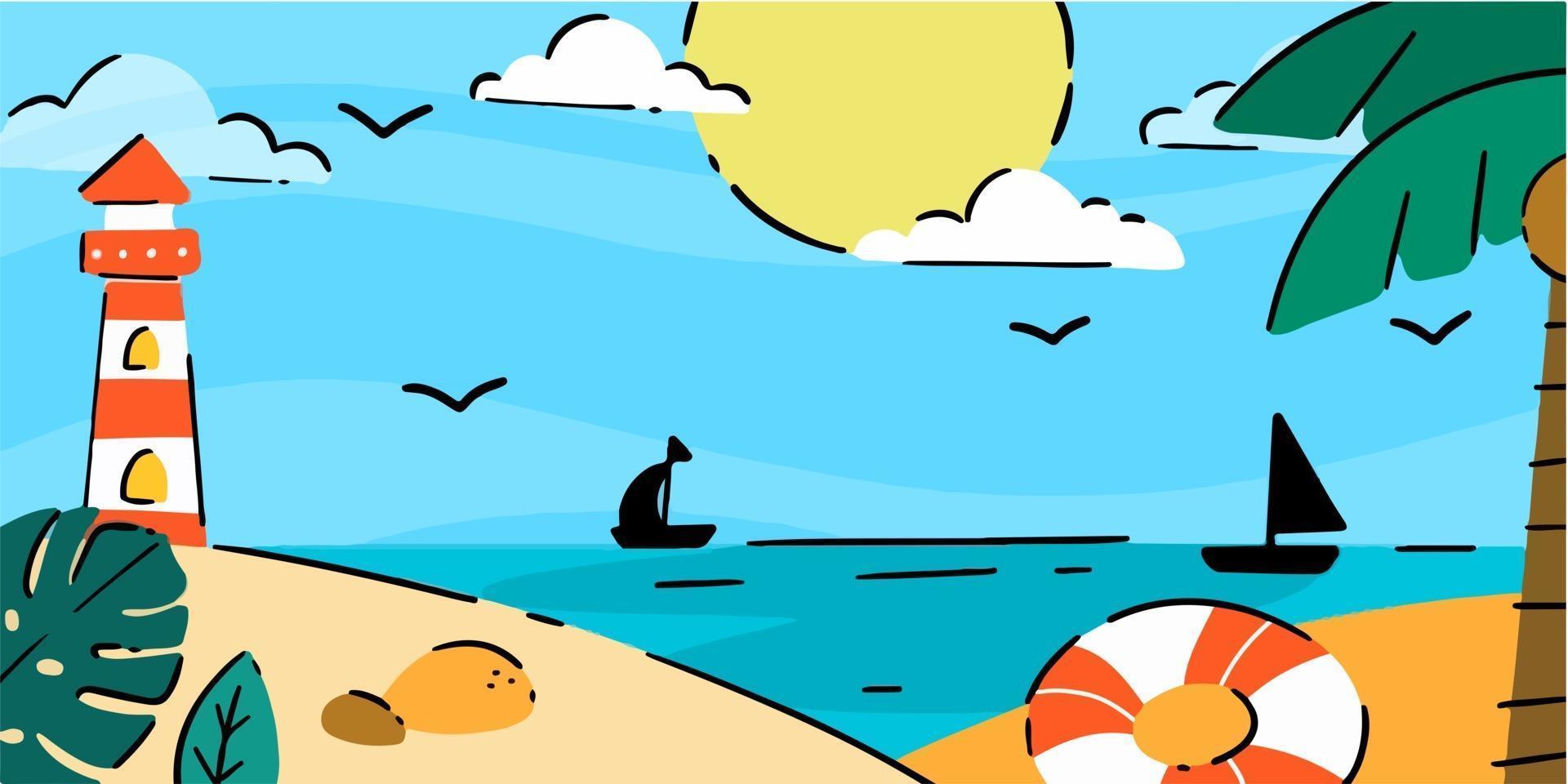 ilustração de doodle de manhã calma na costa do mar vetor