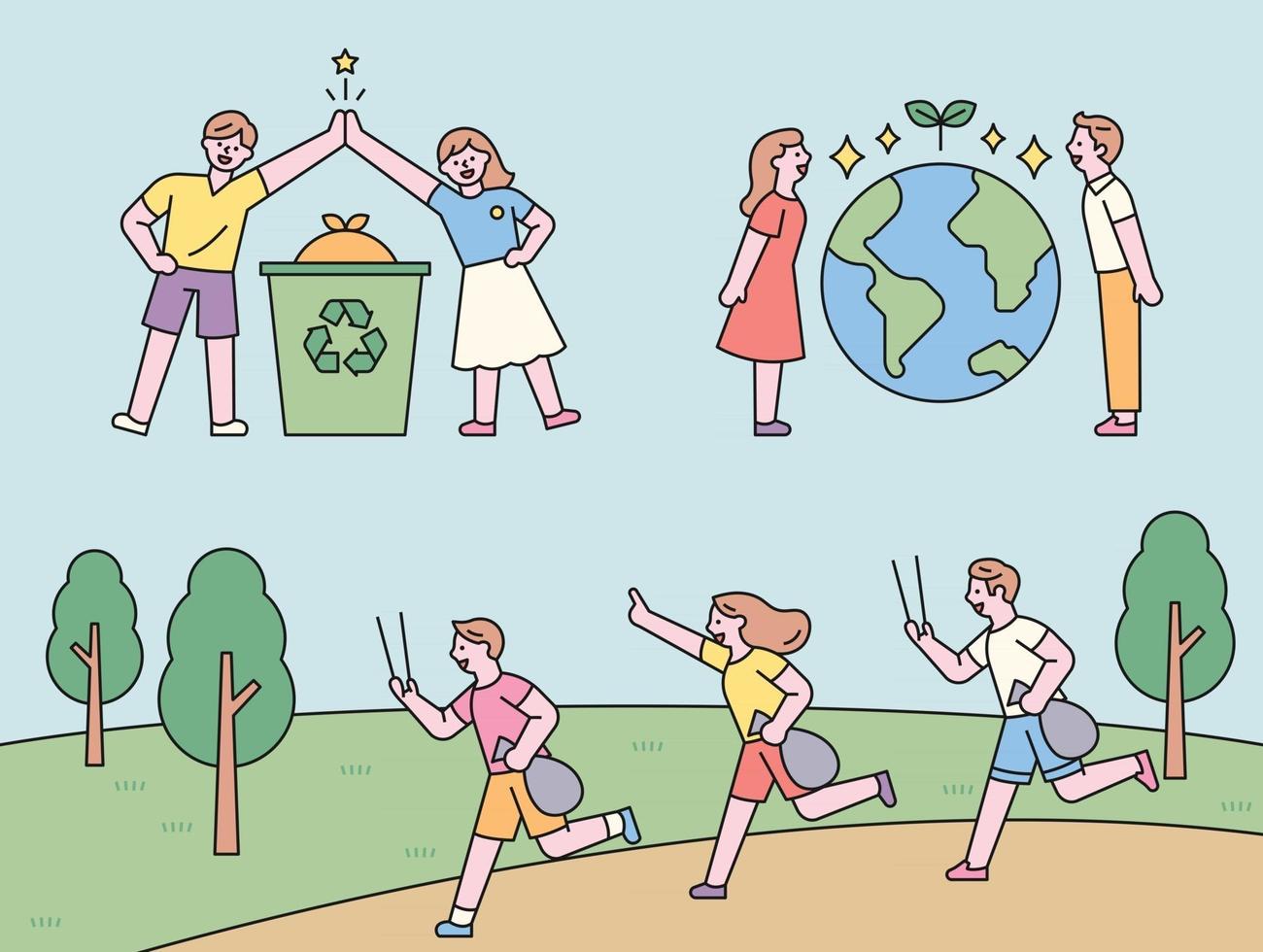 pessoas coletando e cumprimentando para reciclar. pessoas em pé com a terra no meio. pessoas correndo e recolhendo lixo. ilustração em vetor mínimo estilo design plano.
