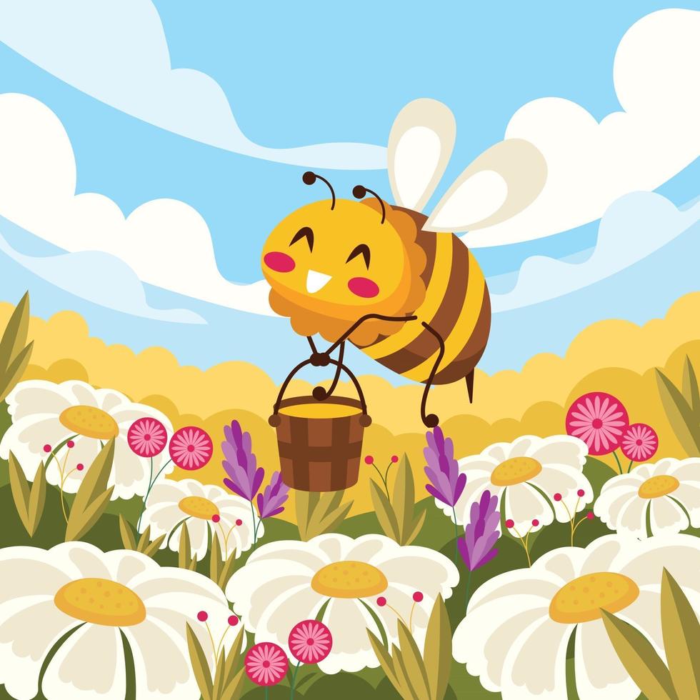 abelha sorridente no campo de flores coletando mel vetor