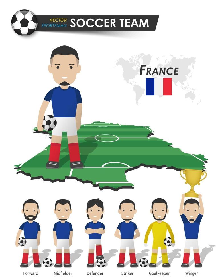 seleção da copa nacional de futebol da França. jogador de futebol com camisa esportiva ficar no mapa do país do campo de perspectiva e no mapa mundial. conjunto de posições do jogador de futebol. design plano de personagem de desenho animado. vetor. vetor