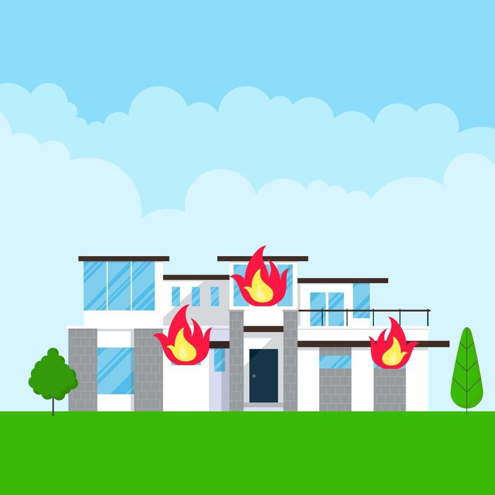 queimando casa estilo plano design ilustração vetorial com chamas de fogo nas janelas. acidente de conceito de seguro contra incêndio. vetor