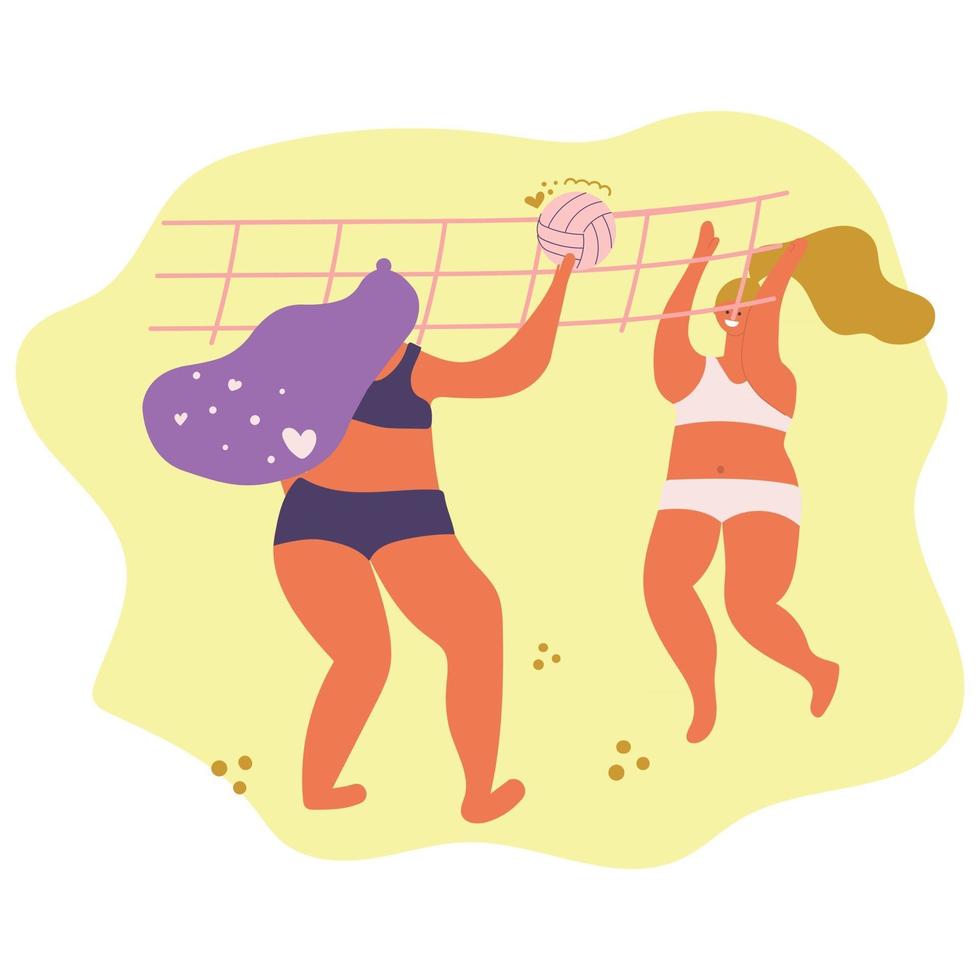 meninas jogam vôlei de praia, conceito positivo de corpo, esporte de verão. ilustração plana. vetor