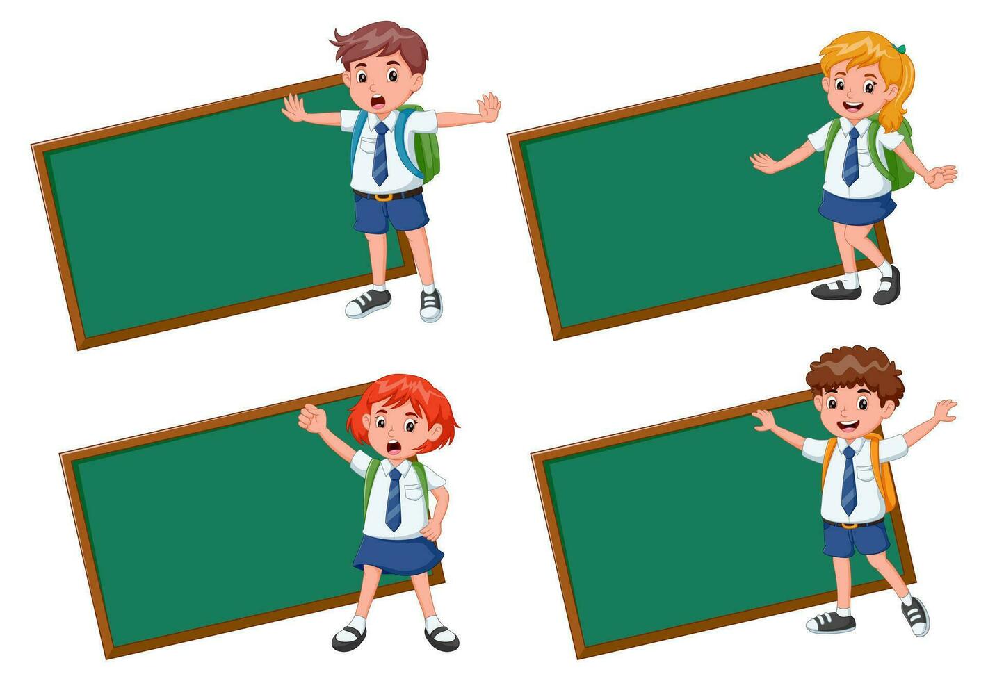 quatro quadros com feliz crianças dentro escola uniforme. fofa crianças com quatro verde borda. vetor ilustração