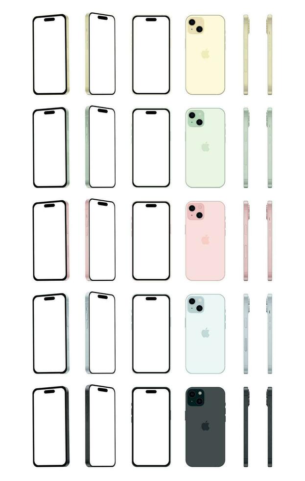 Novo maçã Iphone 15, moderno Smartphone engenhoca, conjunto do 5 peças dentro Novo original cores - vetor