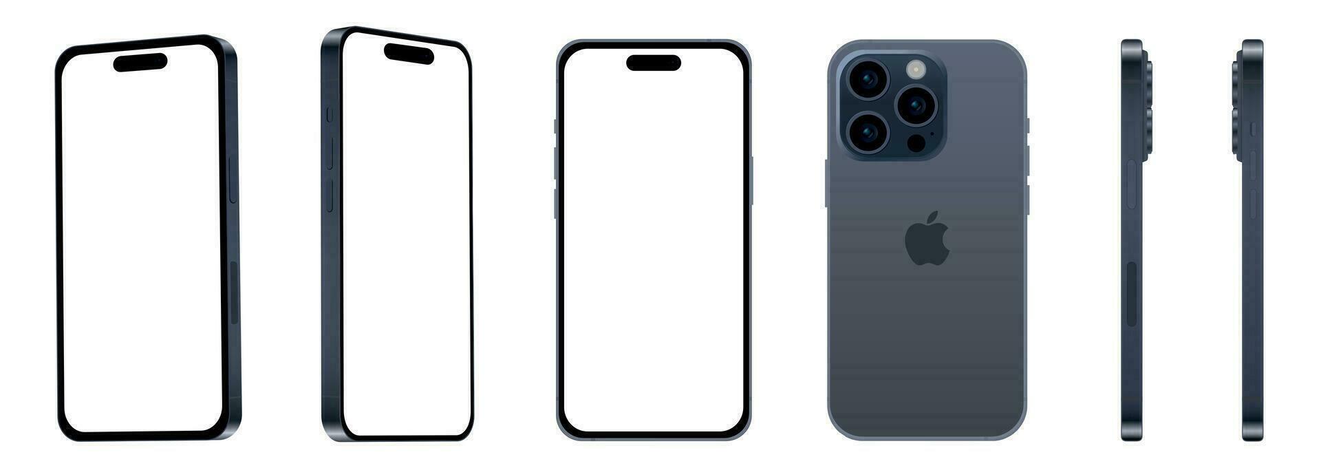 conjunto do 6 pcs diferente ângulos, azul titânio maçã Iphone 15 pró Smartphone, brincar para rede Projeto em branco fundo vetor