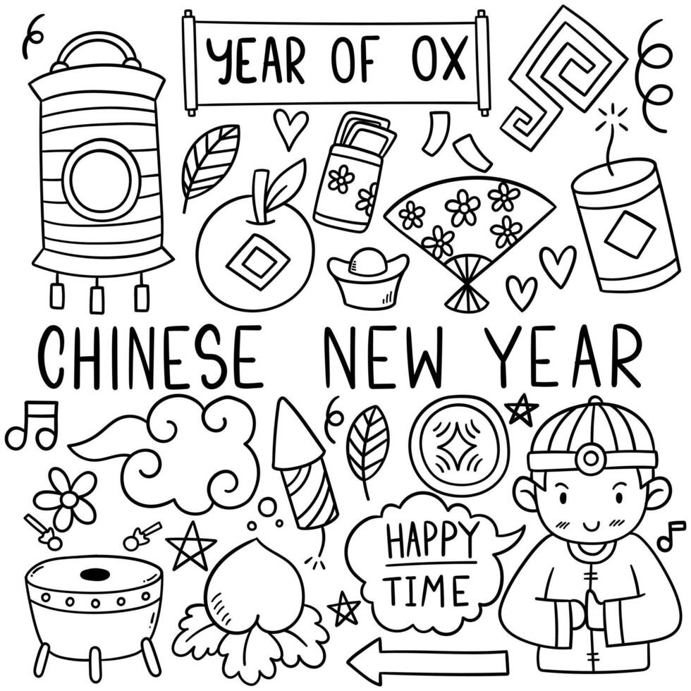 ano novo chinês com estilo doodle de ícone vetor