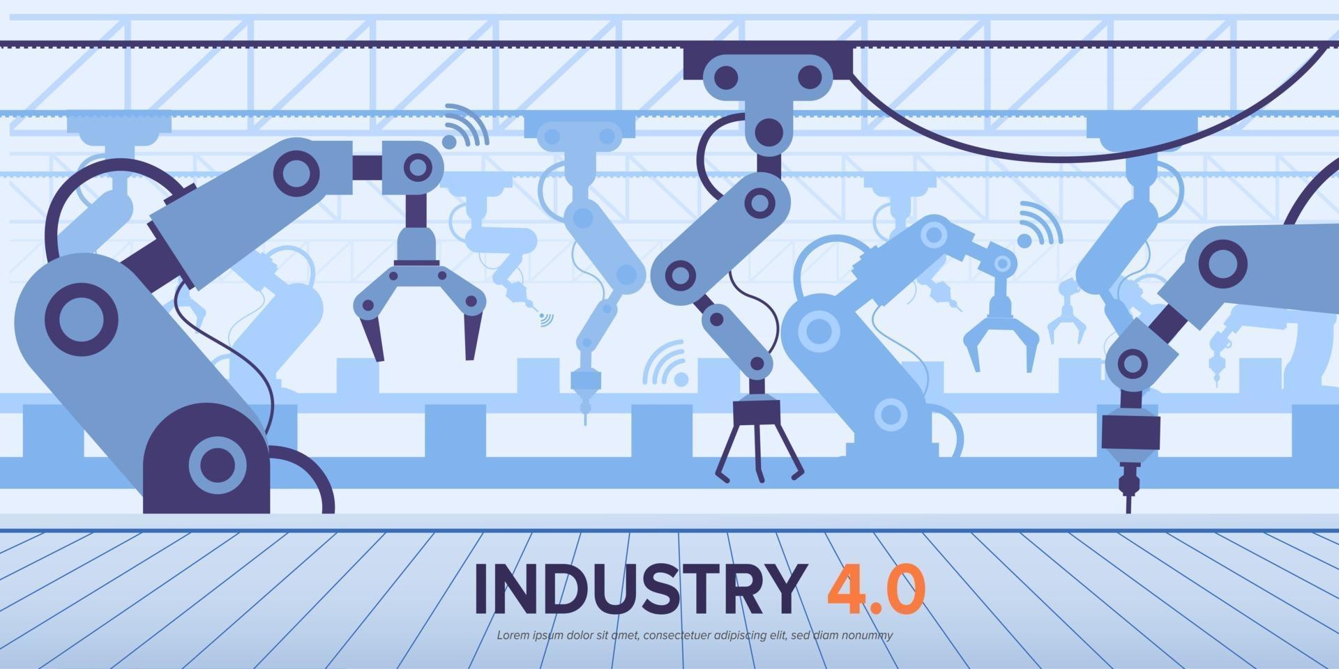 fábrica da indústria 4.0 com braço robótico revolução industrial inteligente vetor