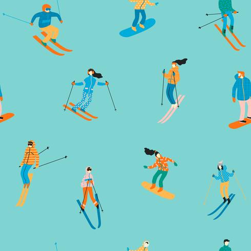 Ilustração do vetor dos esquiadores e dos snowboarders. Padrão sem emenda