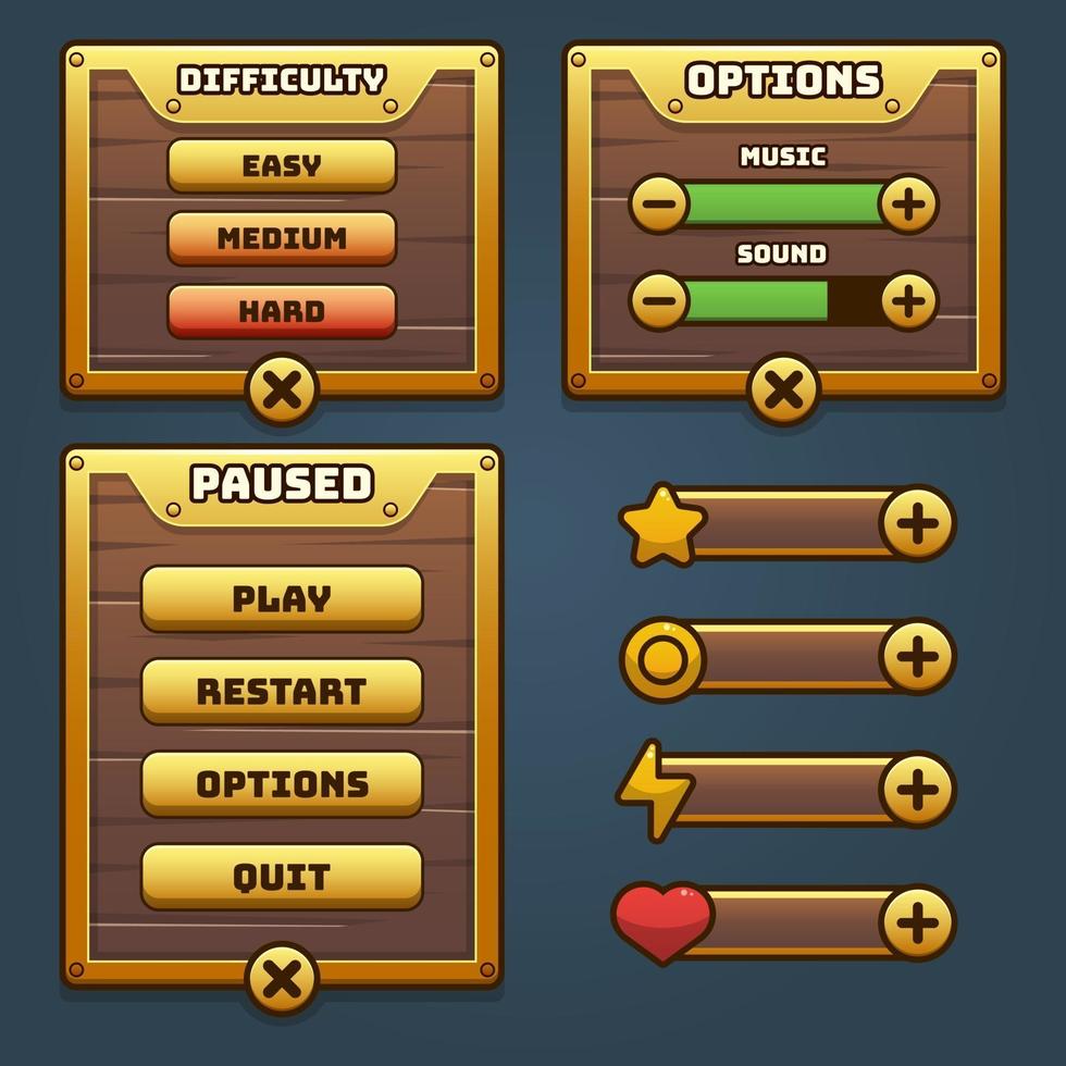menu da interface do usuário de madeira e ouro do jogo vetor