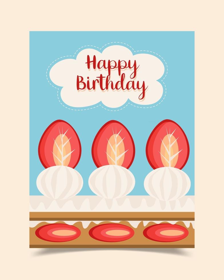 um cartão de aniversário decorado com um bolo de morango que quebra ao meio. vetor