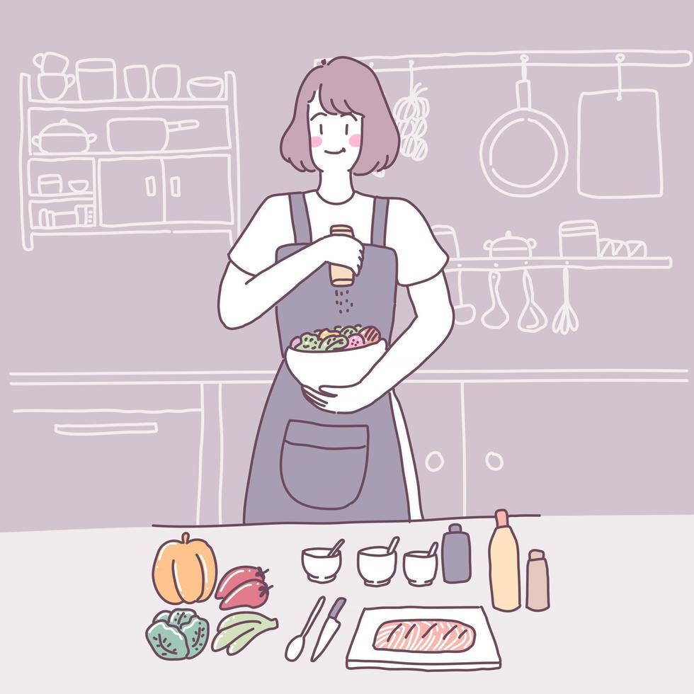 ilustração em vetor plana com uma garota que cozinha na cozinha