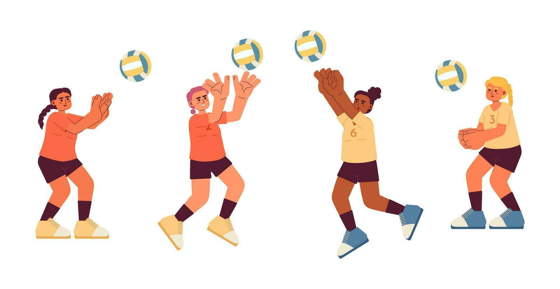 fêmea voleibol jogadoras plano conceito vetor local ilustração. equipe jogo. batendo bola 2d desenho animado personagens em branco para rede ui Projeto. esporte isolado editável criativo herói imagem