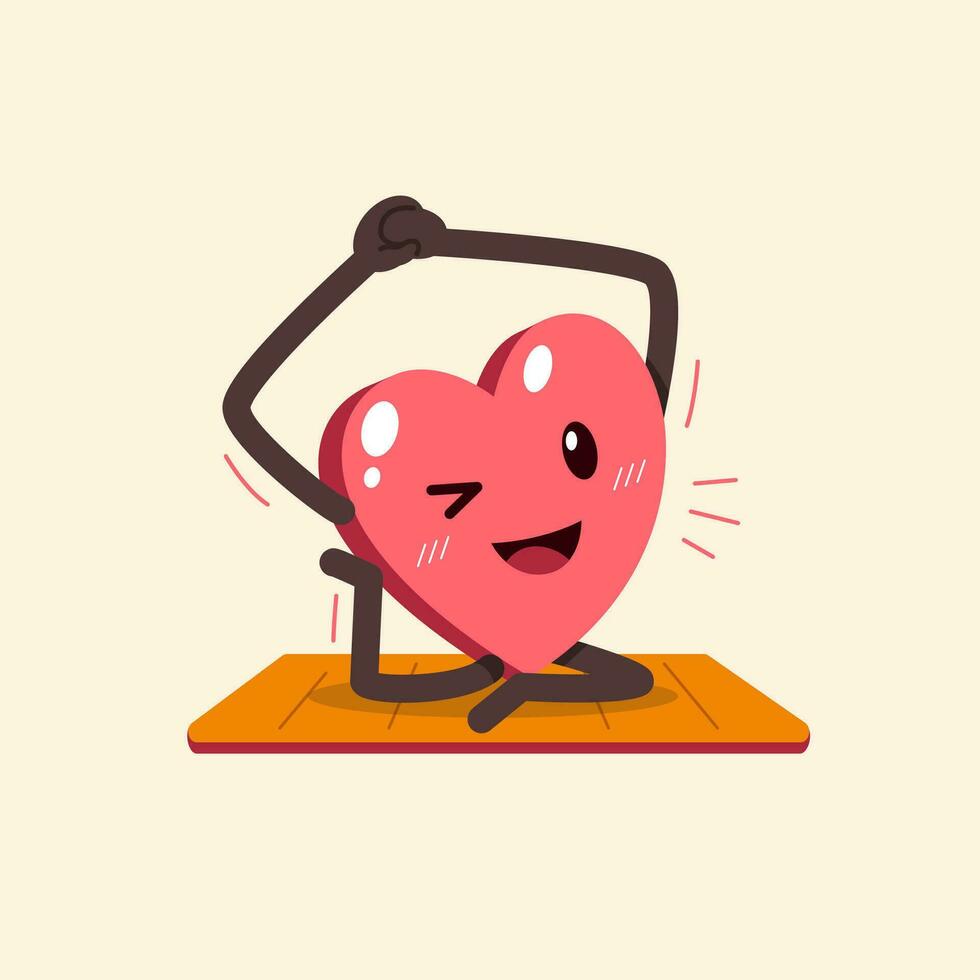 personagem de desenho animado de coração se exercitando no tapete de ioga vetor