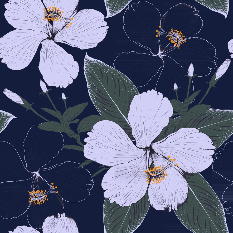 planta ornamental de padrão sem emenda e flores de hibisco em background.vector ilustração linha arte desenho de tecido azul escuro. vetor