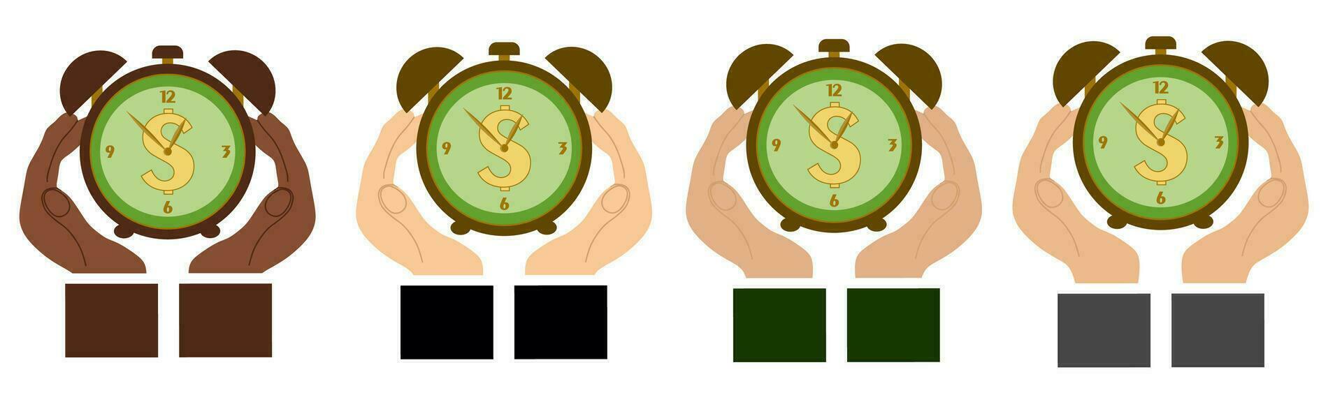 empresária mão ponto às pulseiras. Tempo é dinheiro. vetor Tempo e financeiro gestão ilustração. plano estilo o negócio cenário. mulher mãos e relógio. tempo, planejamento, empreendedor, reunião.