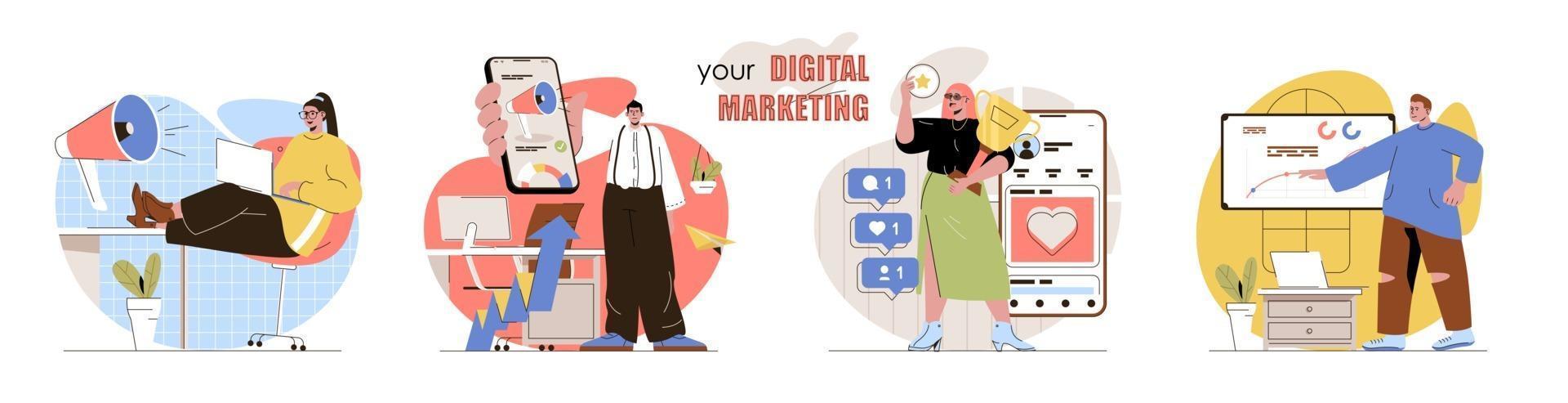 Conjunto de cenas de conceito de marketing digital vetor