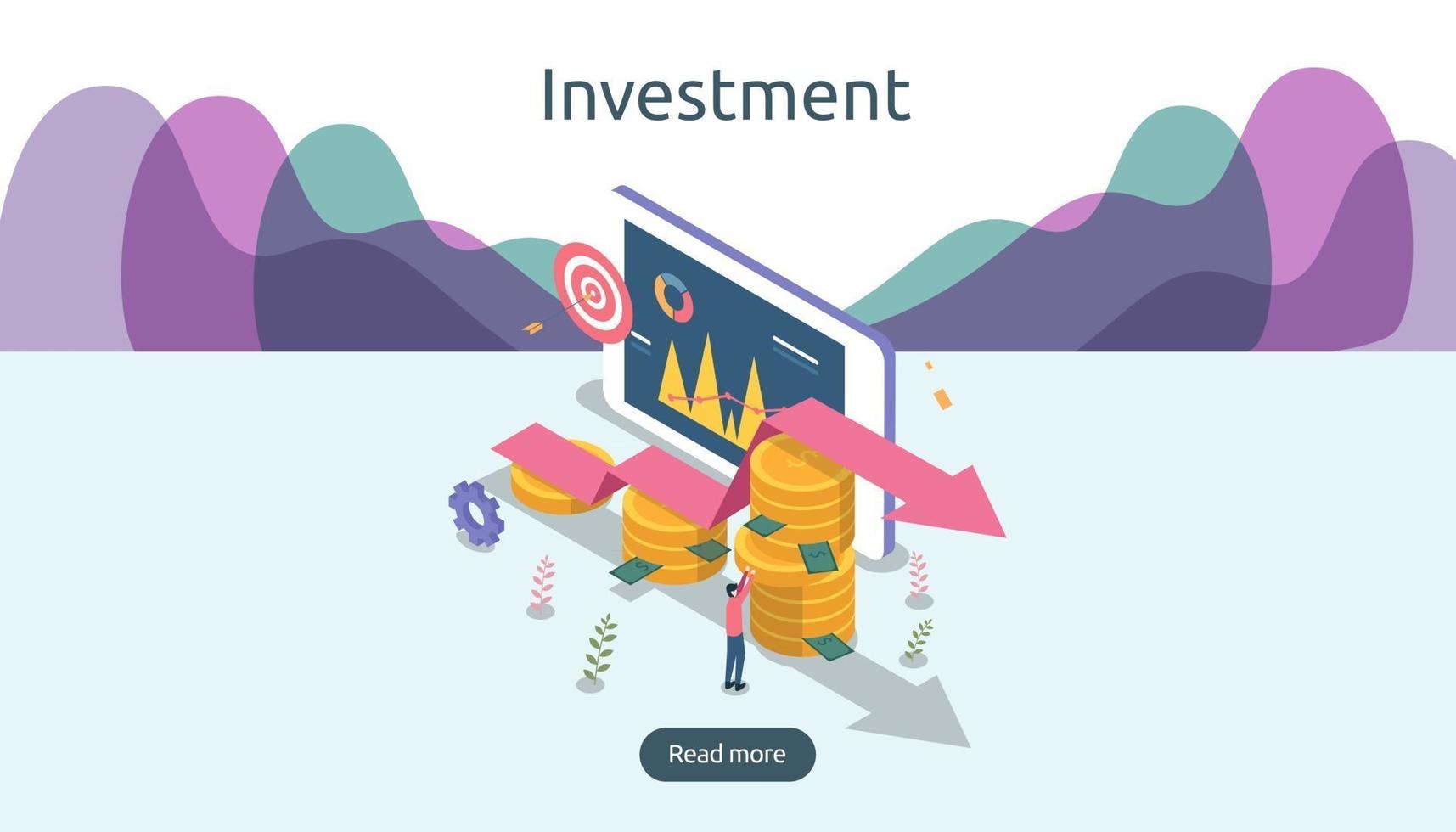 conceito de gestão ou retorno sobre o investimento. negócios online estratégicos para análise financeira. ilustração em vetor desenho isométrico. modelo para página de destino da web, banner, apresentação e mídia social.