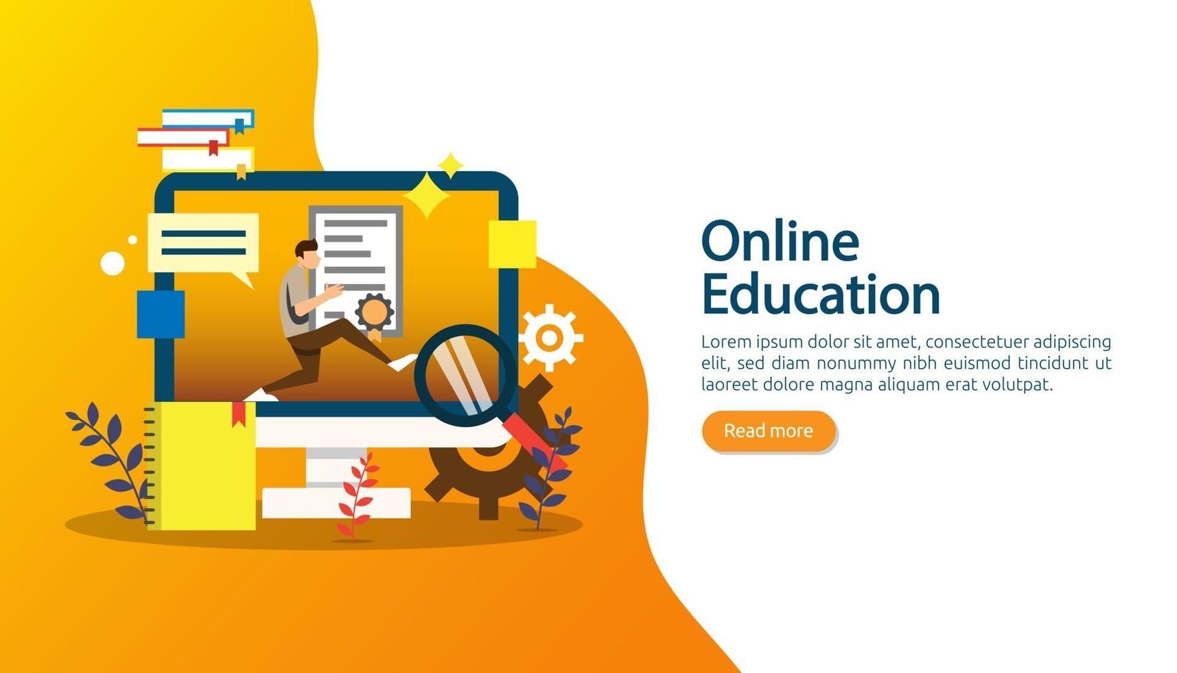 conceito de e-learning com computador, livro e personagem de pequenas pessoas em processo de estudo. e-book ou educação online. modelo para página de destino da web, banner, apresentação, mídia social e material impresso vetor