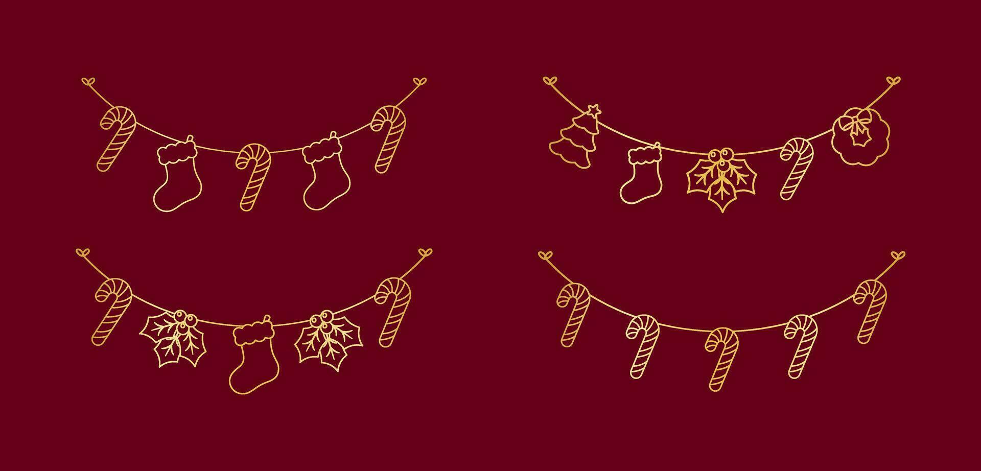 conjunto do ouro Natal e inverno decoração festão esboço doodle. feriado decoração elementos coleção. santa chapéu, meias, visco, enfeites, doce bengala. vetor ilustração.