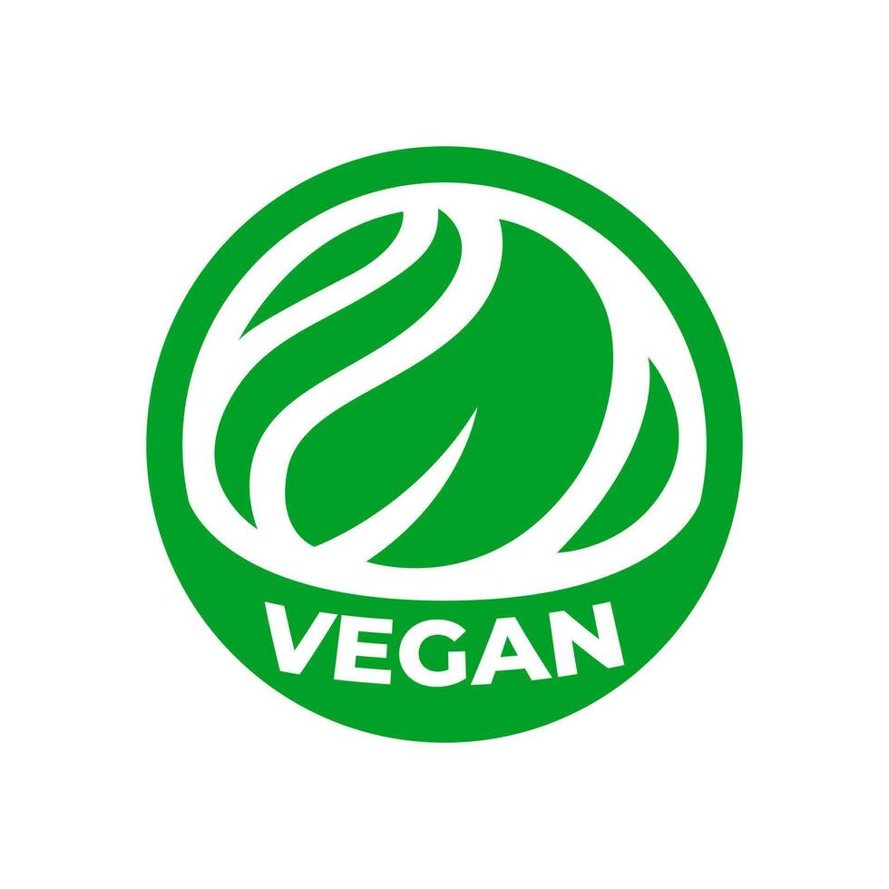 vegano logotipo ícone. orgânico, natural, biografia, eco, saudável, fresco Comida. volta forma verde ilustração com folhas para produtos adesivos, etiquetas seu embalagem vetor