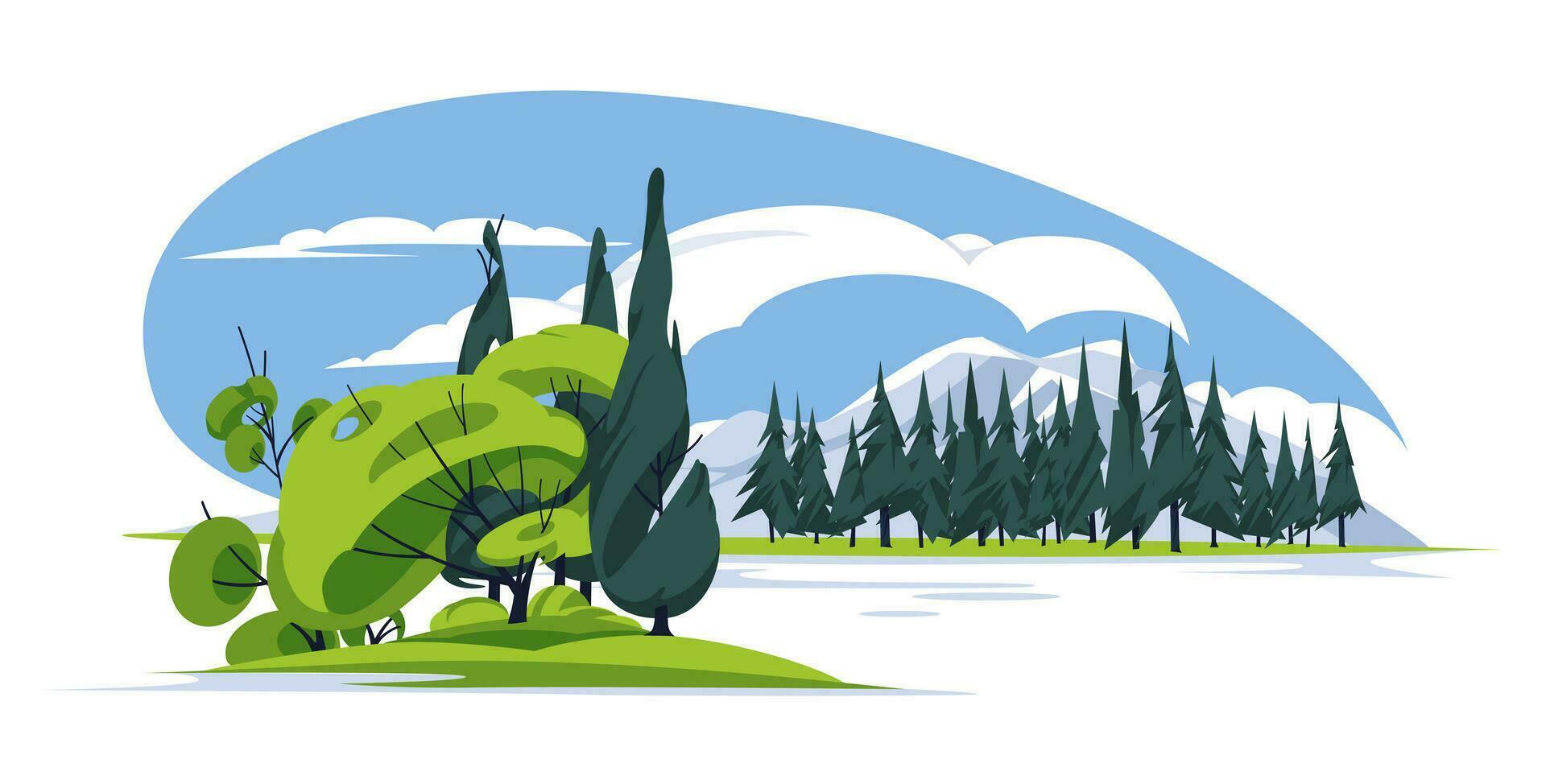 árvore ilha em uma quieto montanha lago. panorama do a verão temporada. plano vetor ilustração