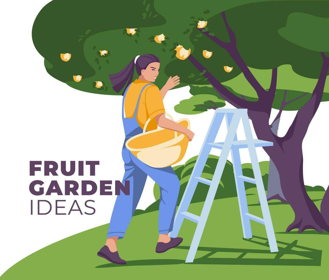 uma jovem mulher coleta frutas a partir de uma árvore. a conceito do vida e agricultura. plano vetor ilustração