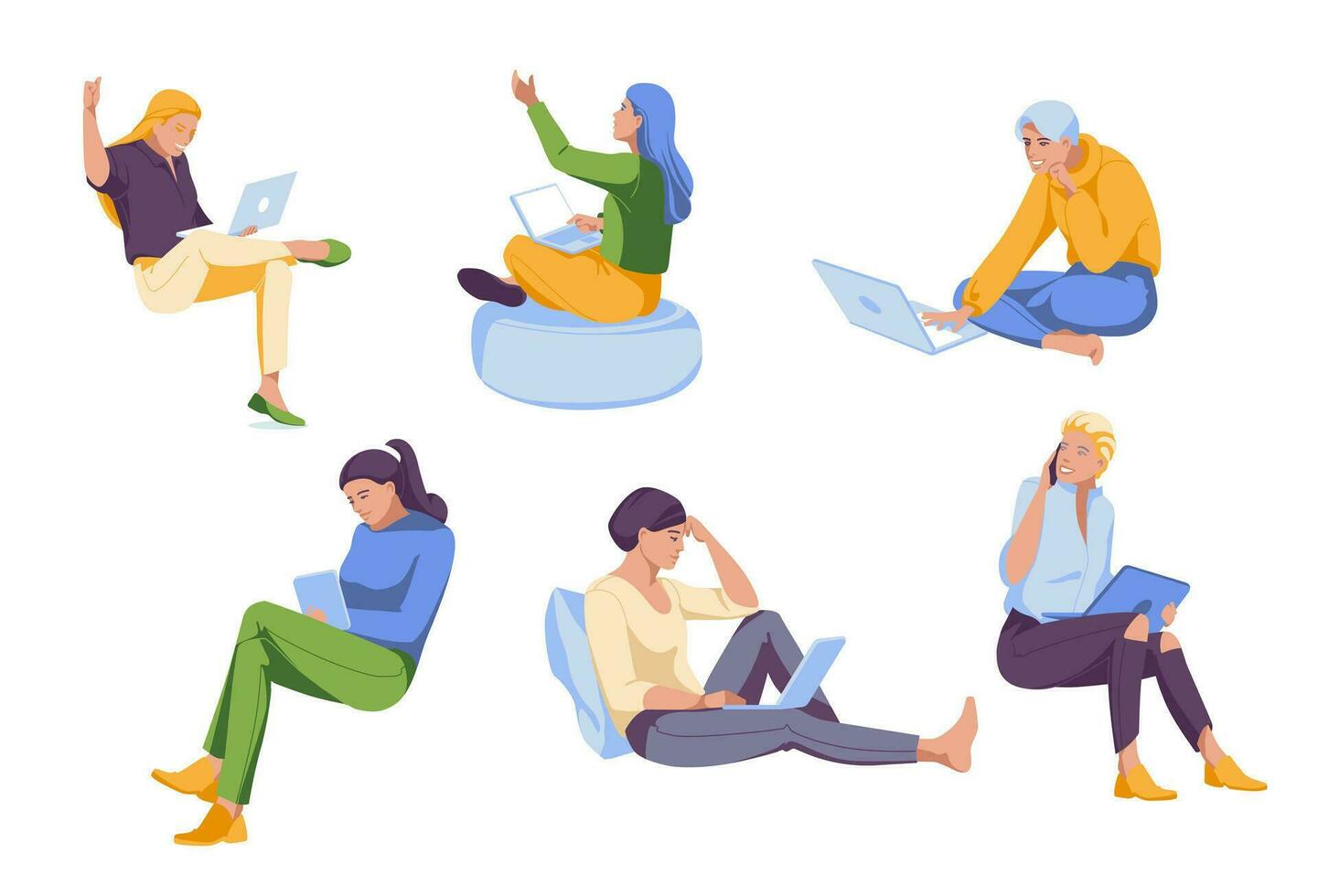 conjunto do jovem mulheres personagens estudando ou trabalhando às casa usando computador portátil. conectados Educação conceito. plano vetor ilustração