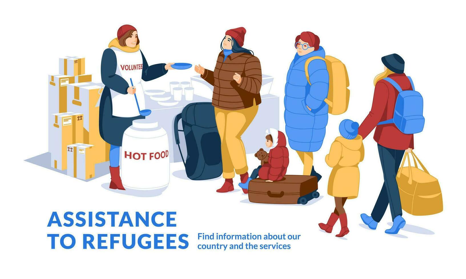 voluntário dando comida, ajudando refugiados com fome mulheres e crianças. plano vetor ilustração isolado em branco fundo