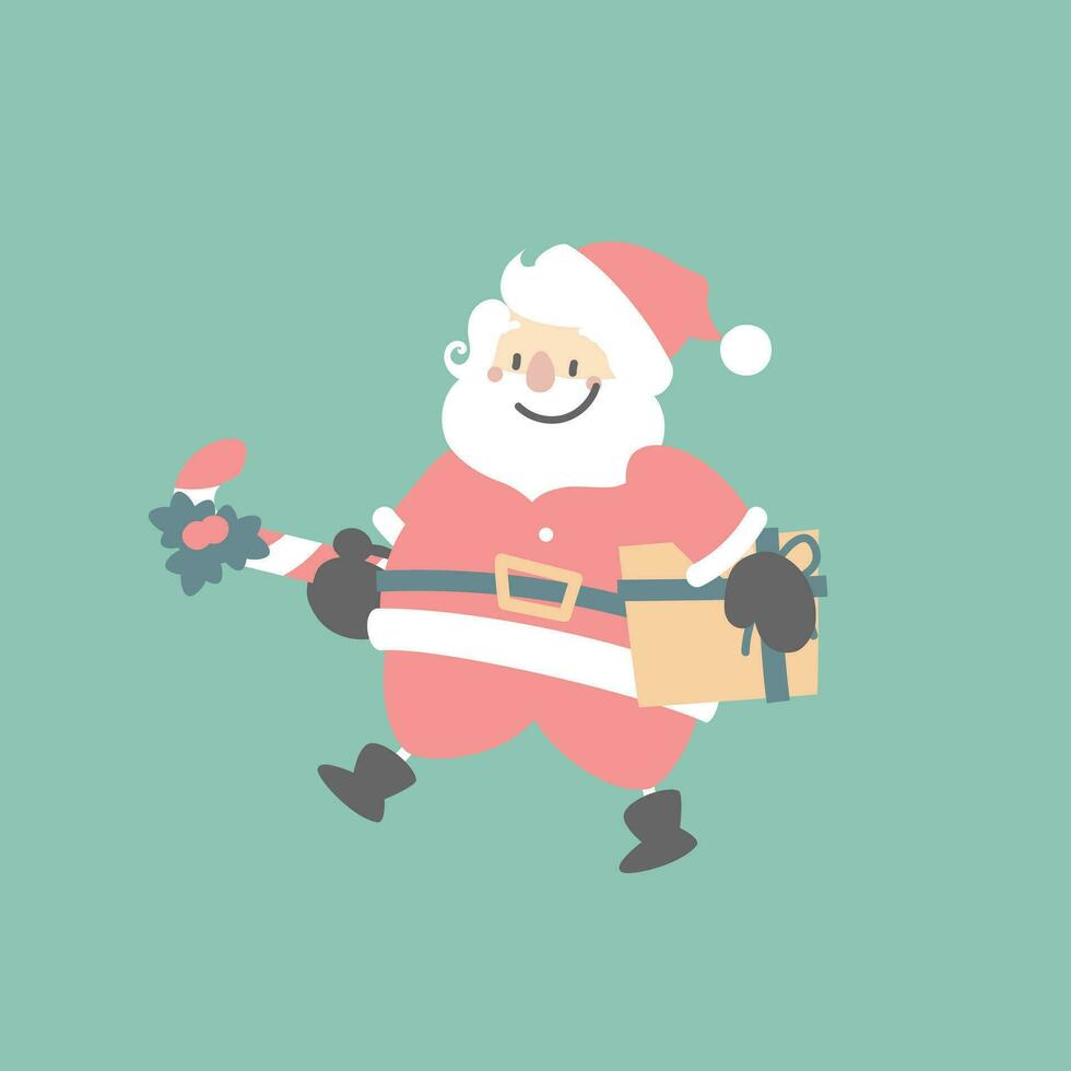 alegre Natal e feliz Novo ano com fofa santa Papai Noel, doce bengala e presente presente dentro a inverno estação verde fundo, plano vetor ilustração desenho animado personagem traje Projeto