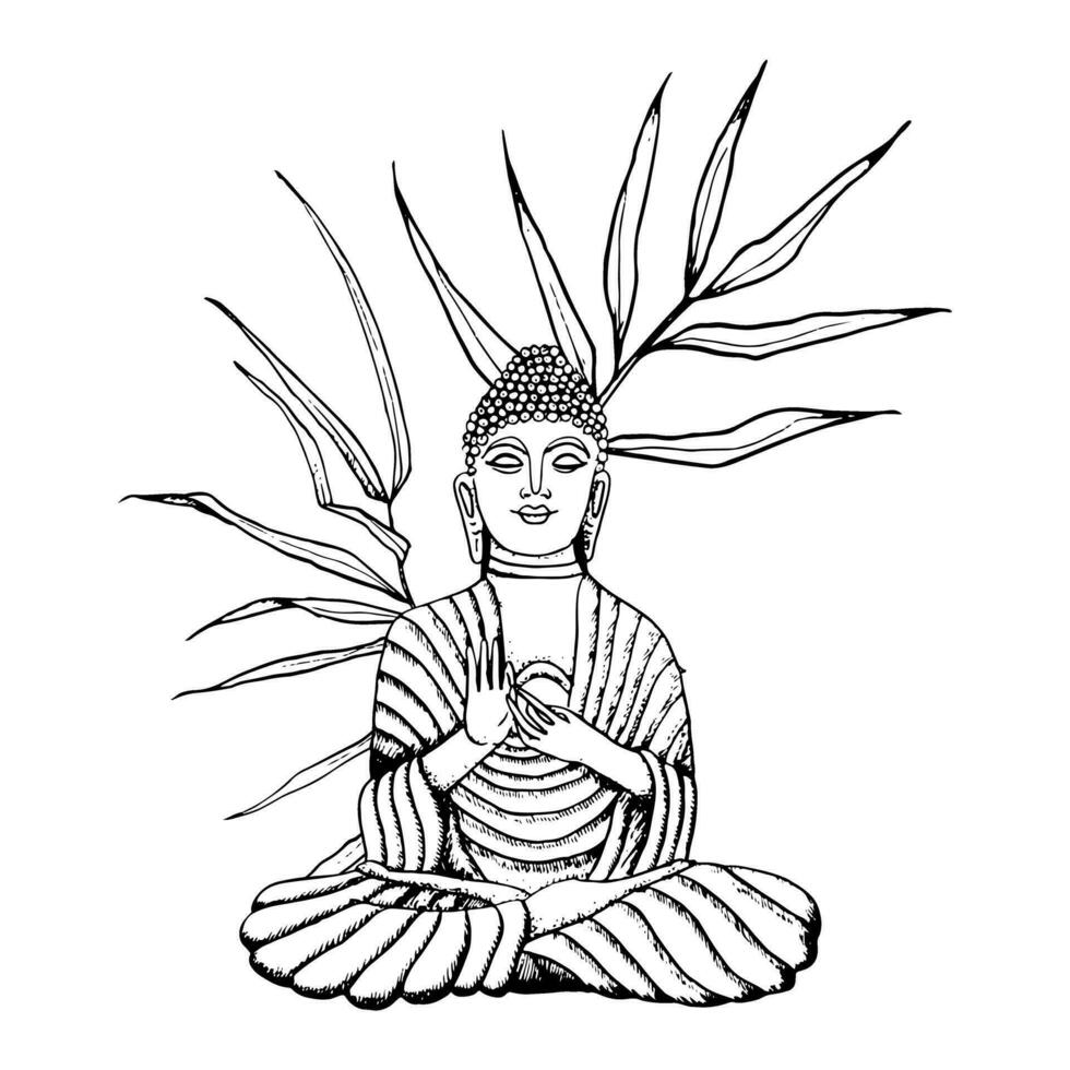 Buda sentado dentro bambu galhos mão desenhado linha arte vetor ilustração. meditação elemento para ioga, budismo Preto e branco desenhos