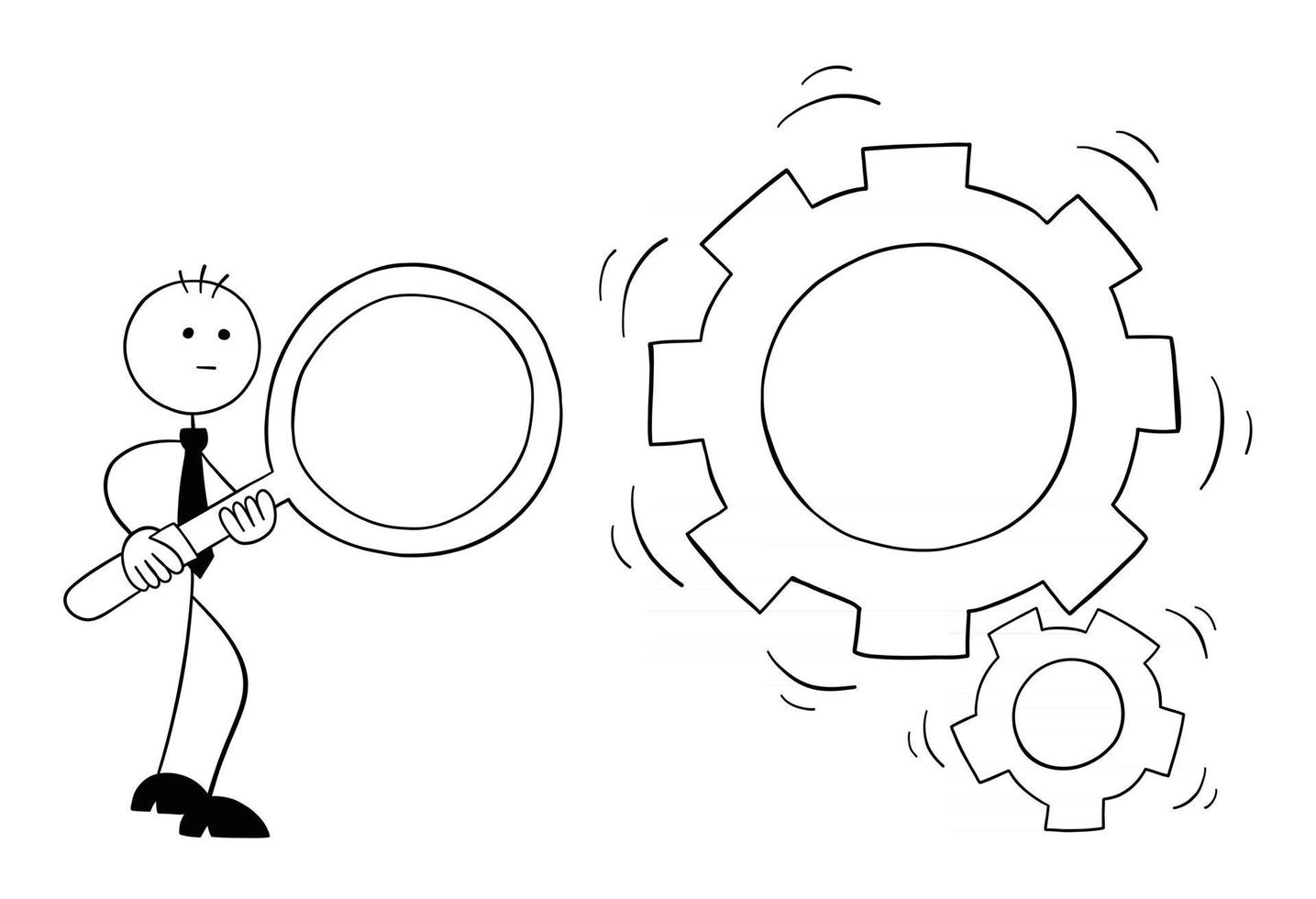 personagem de empresário stickman segurando uma lupa e olhando para a ilustração de desenho vetorial de engrenagens giratórias vetor
