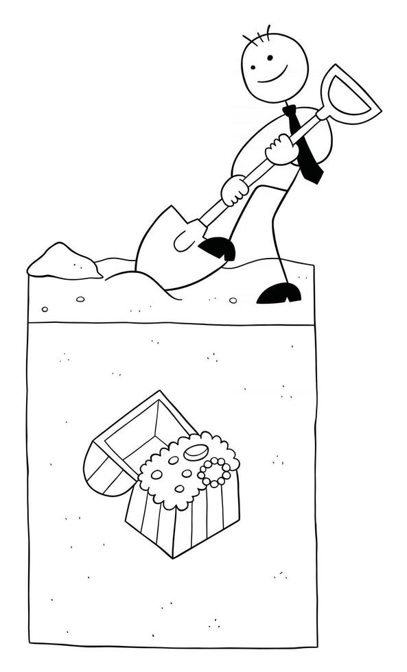 personagem de empresário stickman cavando o chão e um grande tesouro sob a ilustração de desenho vetorial de solo vetor