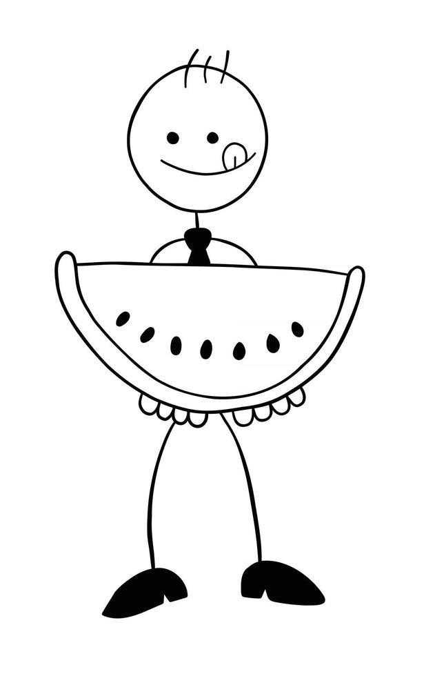 personagem de empresário stickman segurando uma fatia de melancia e quer comê-la. vetor