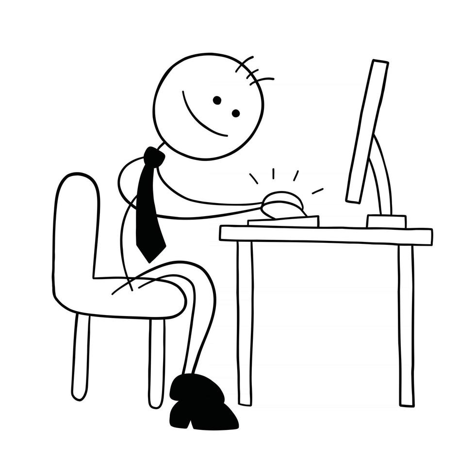 personagem de homem de negócios stickman trabalhando no computador e ilustração de desenho vetorial feliz vetor