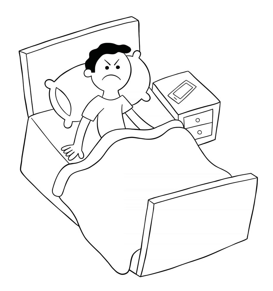 homem dos desenhos animados está na cama, mas com raiva não consigo dormir ilustração vetorial vetor