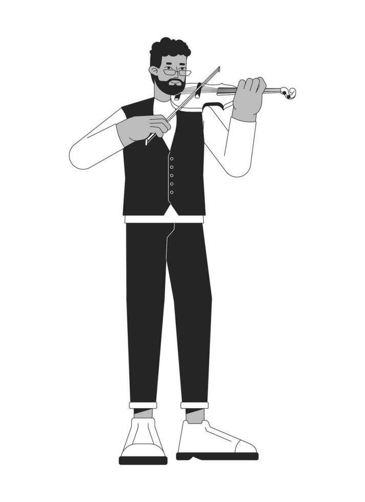 masculino violino jogador Preto e branco desenho animado plano ilustração. africano americano adulto homem show violinista 2d lineart personagem isolado. jogando fiddlestick monocromático cena vetor esboço imagem