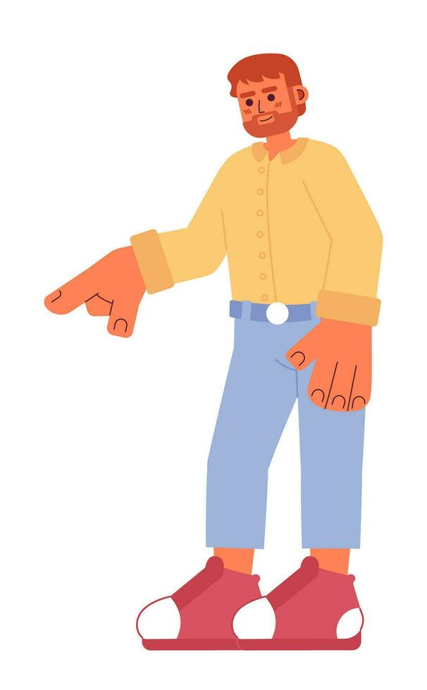 barbudo caucasiano homem apontando dedo 2d desenho animado personagem. europeu adulto masculino mostrando mão isolado vetor pessoa branco fundo. barba cara gesticulando, direção cor plano local ilustração