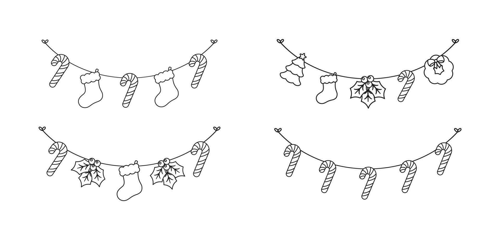 conjunto do Natal e inverno feriado decoração festão esboço doodle. Natal decoração elementos coleção. santa chapéu, meias, visco, enfeites, doce bengala. vetor ilustração.