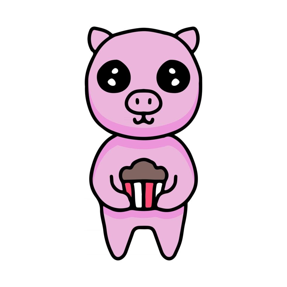 desenho de porco kawaii segurando queque. ilustração de design